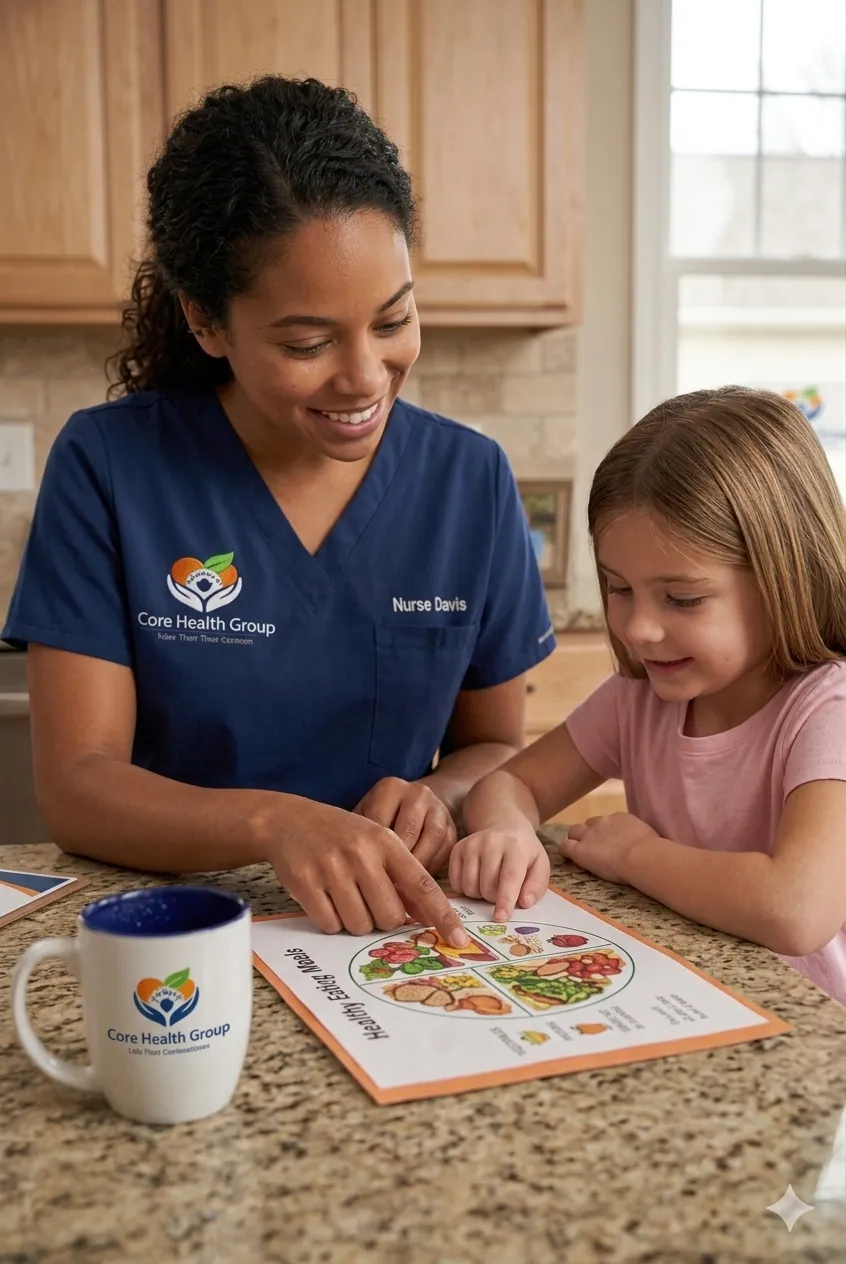 Core Health Group Corp. nurse reviewing nutrition and care with a young patient at home