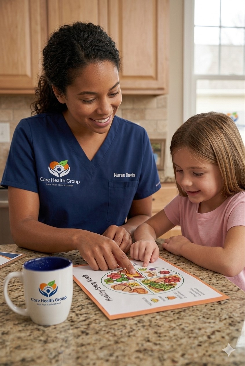 Core Health Group nurse engaging a child with a healthy eating guide at home